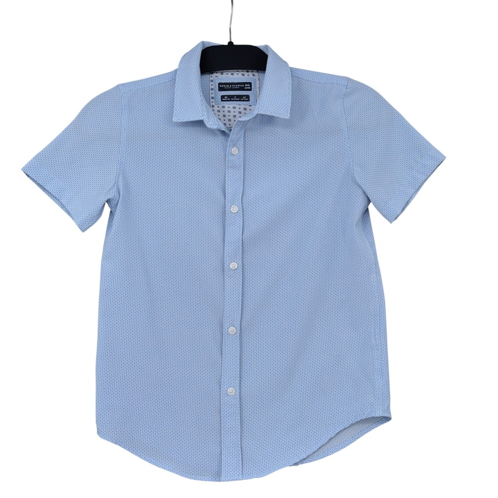 Denim & Flower Ricky Singh Boys‎ Blue Geometric Short Sleeve Button Shirt 9/10